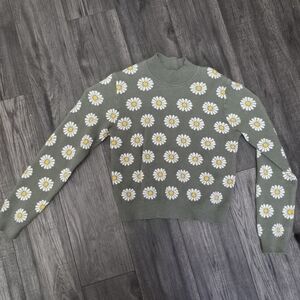 ARDENE Olive Daisy Knit Sweater - Floral Crewneck - Size M
